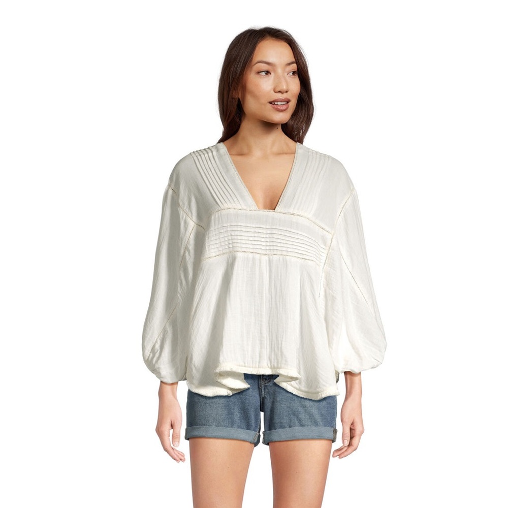 World Market 100% Cotton Leah White cotton pleated balloon sleeve top OS